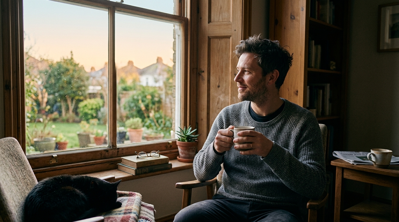 rannou kávou pri okne, pokojná ranná rutina